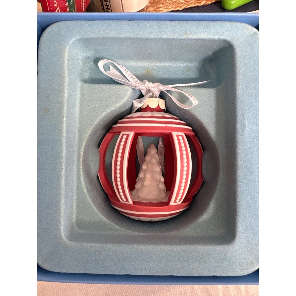 Wedgwood Holiday Jasperware Red White Christmas Tree Lantern Ornament with Box